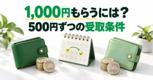 1,000円もらうには？500円ずつの受取条件を表した財布とカレンダーのイメージ